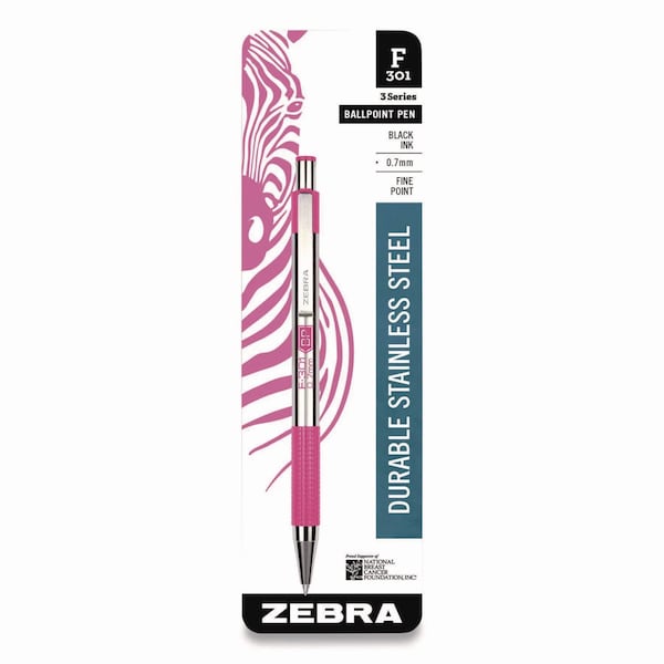 Zebra Pen F-301 Ballpoint Pen, Retractable, Fine 0.7 mm, Black Ink, Stainless Steel/Pink Barrel ZEB37111 - main